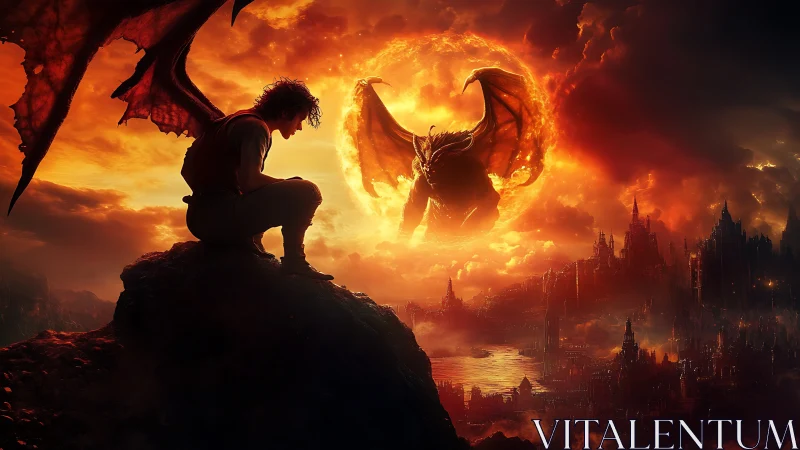 Fiery sky welcomes a winged guardian facing a blazing titan