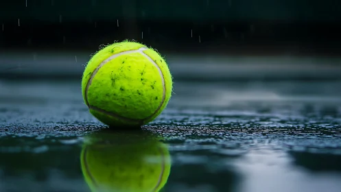 Rain-paused tennis ball listens quietly to the empty court