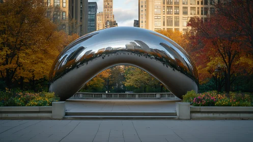 Glowing chrome sculpture cradled by soft autumn city light.