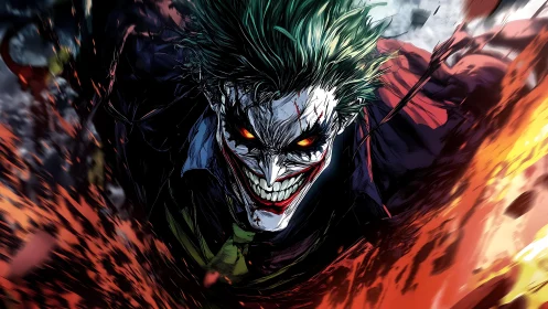 Sinister clown lunges through explosive inferno chaos