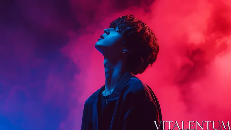 Moody portrait in neon blue and red atmospheric haze.