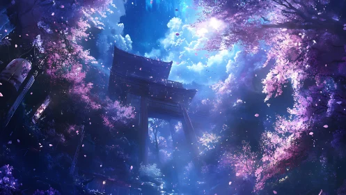 Torii gate under glowing sky and vivid cherry blossoms.