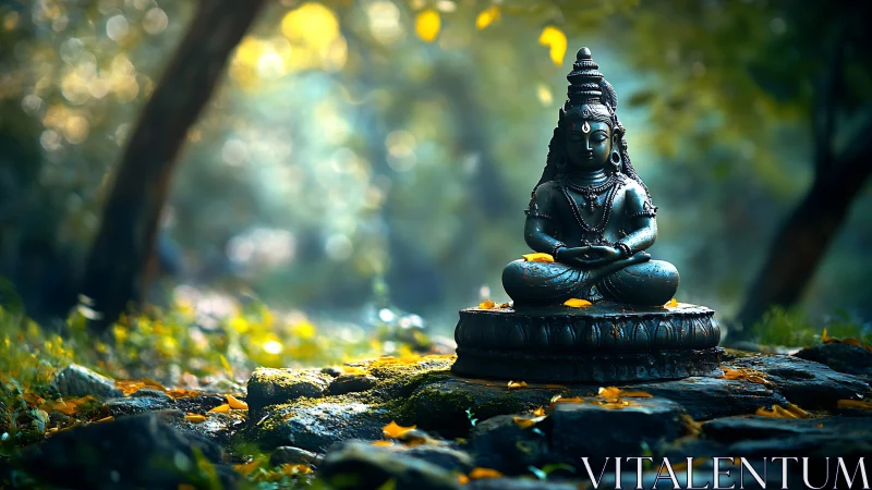 Stone seated deity sculpture on forest floor in focus.