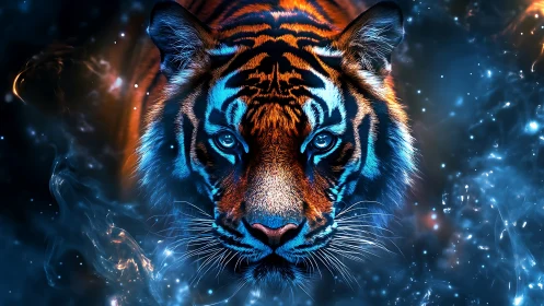 Bioluminescent cosmic tiger portrait with neon rim lighting