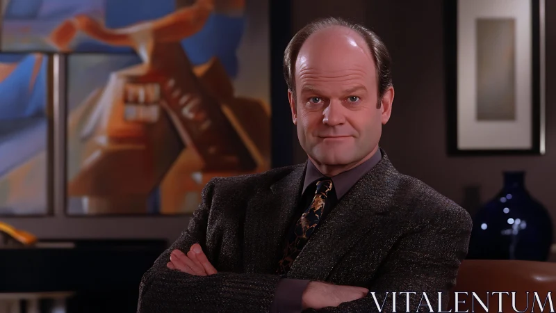 Middle-aged man seated in office-like interior portrait.