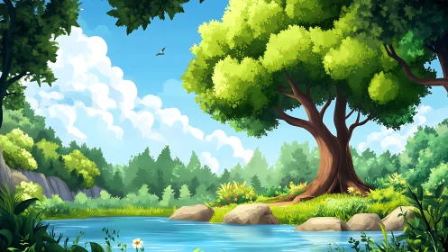 Sunlit Forest Landscape with Ancient Oak Tree and Flowing Stream.