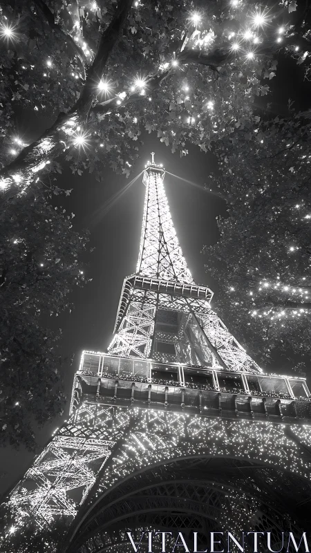 Eiffel Tower night view framed by illuminated tree canopy.