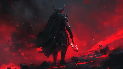 Horned warlord over bloodred battlefield stands alone.