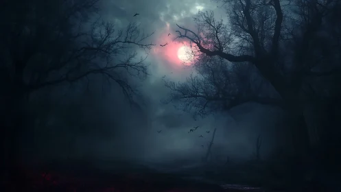 Moonlit misty forest path where quiet shadows wander.