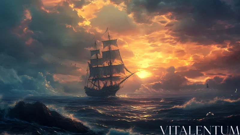 Square-rigged tall ship under dramatic sunset cumulonimbus sky