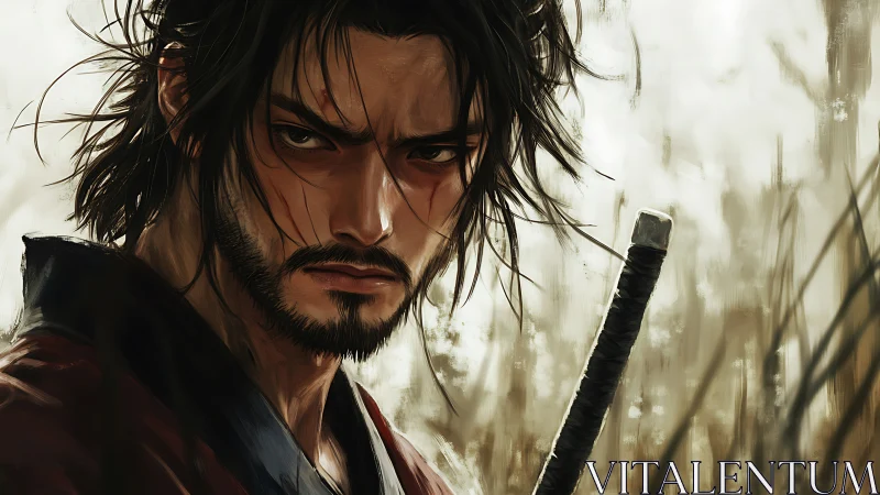 Brooding samurai warrior rendered in painterly digital realism