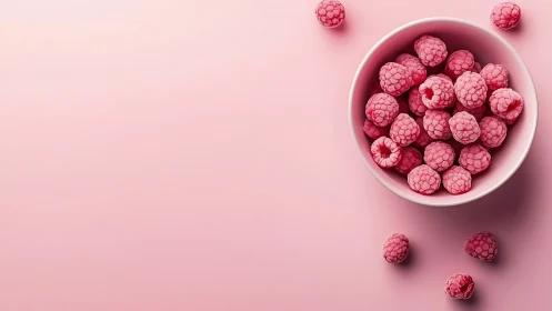 Frosted raspberries in white bowl on pastel pink background.