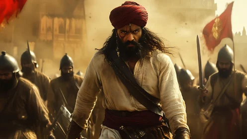 Storm-eyed warrior strides through dust and steel toward destiny