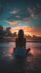 Silhouetted woman seated on wet shoreline at vivid sunset