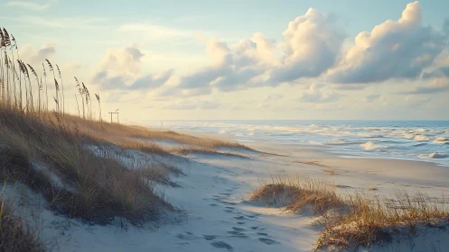 Coastal dunes and serene shoreline under pastel dawn light.