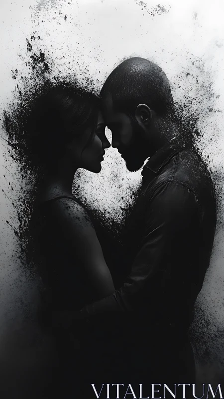 Two silhouettes locked in intimate moment with particle dispersal