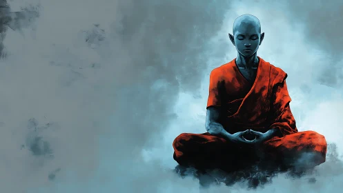 Serene monk in orange robes meditating in blue mist.