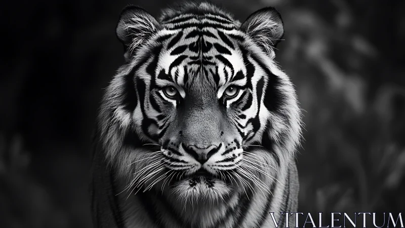 Black and white close-up portrait of a staring tiger.