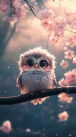 Bright-eyed baby owl resting under gentle cherry blossoms.