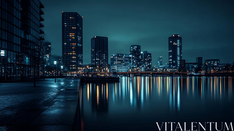 Urban waterfront skyline with illuminated offices at night.