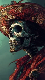 Ornate skeletal figure wears elaborate red feathered hat