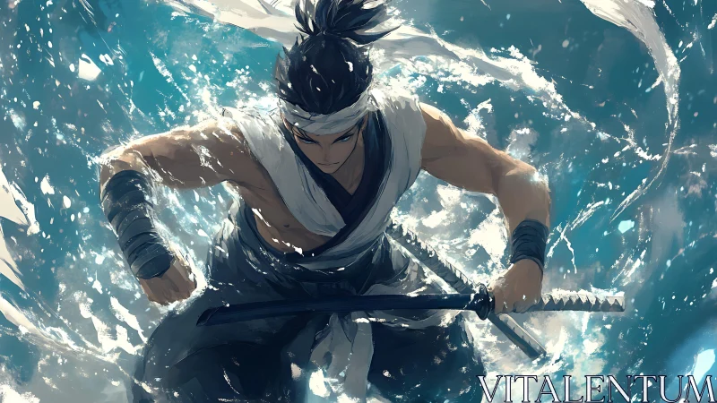 Storm-slicing samurai surges through a whirl of ocean light.