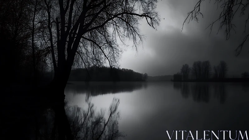 Moonlit stillness over a quiet, misty forest lake.