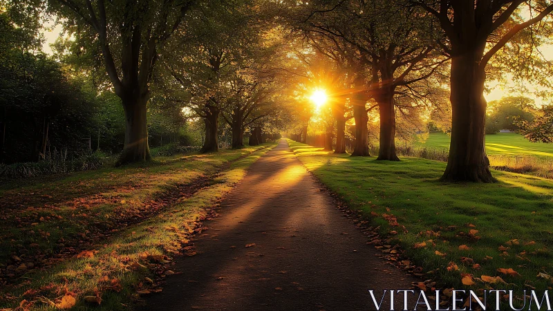 Sunlit tree-lined pathway extends through a managed park landscape