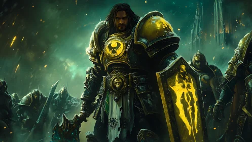 Armored fantasy commander with glowing shield in battle line.