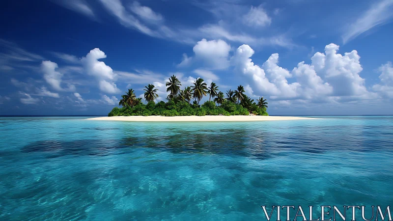 Tropical island with vegetation surrounded by clear turquoise ocean water.