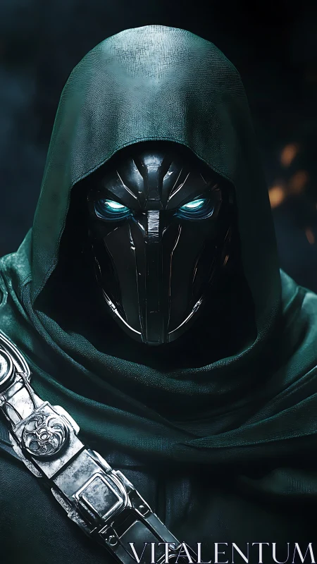 Hooded cybernetic warlord with glowing teal eyes