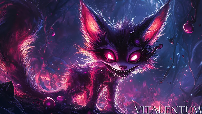 Demonic neon fox creature in glowing haunted forest scene.