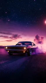 Muscle car drifting under neon twilight and starry sky.
