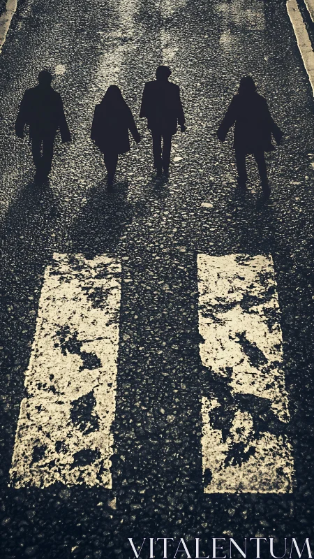 Silhouetted pedestrians crossing worn urban crosswalk.