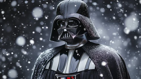 Snow-dusted dark armor glimmers in a silent galactic blizzard.