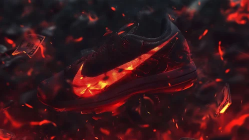 Luminous red sneaker ignites through swirling ember storm.