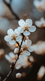 White blossoms on dark branch with orange stamens in sharp focus.