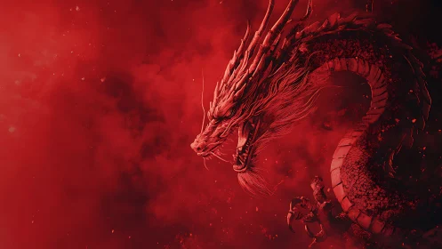Fiery crimson dragon curls through swirling red smoke