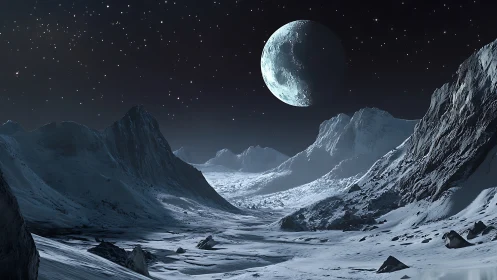 Frozen moonlit valley holds its breath beneath distant world