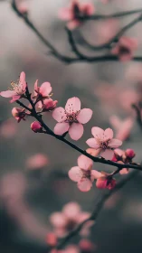 Pink blossoms on dark branch with shallow depth of field