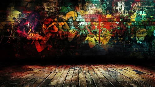 Graffiti-splashed brick wall glows above worn wooden floor.