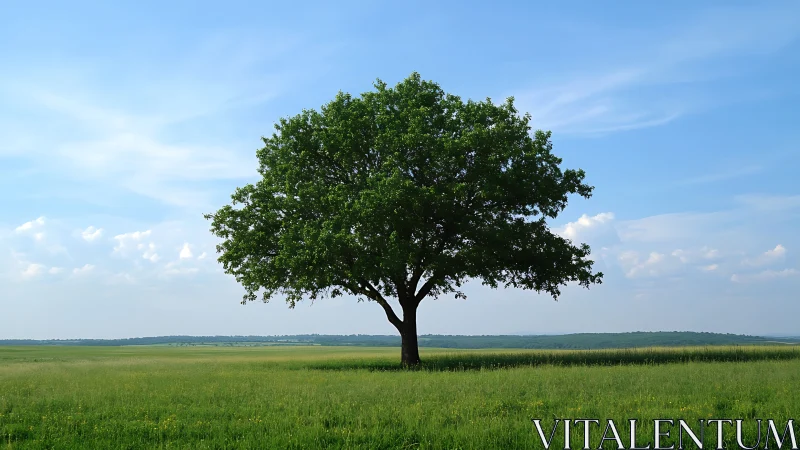 Solitary Green Tree in Open Field Under Clear Blue Sky, Natural Scene.