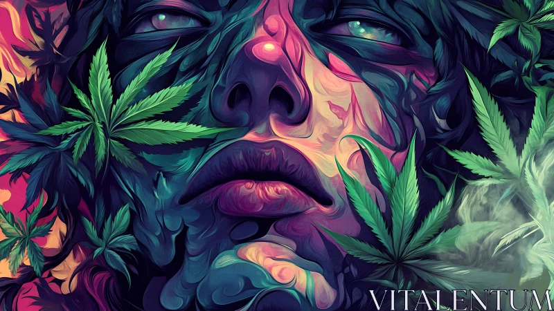 Psychedelic portrait merges fluid facial abstractions with cannabis leaves