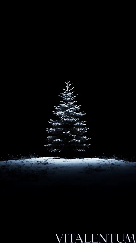 Snow covered conifer tree centered against black night sky.