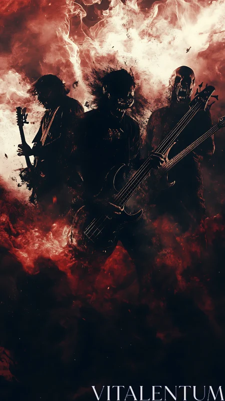 Infernal metal trio shred riffs in a storm of scarlet fire.