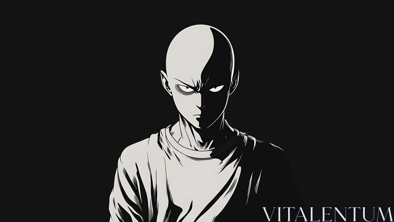 Bald anime figure in stark front view against black field.