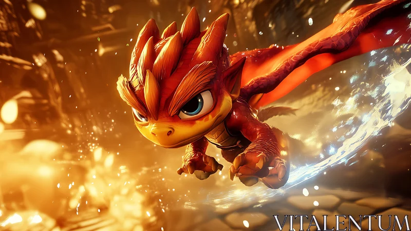 Red baby dragon character dives through glowing orange scene