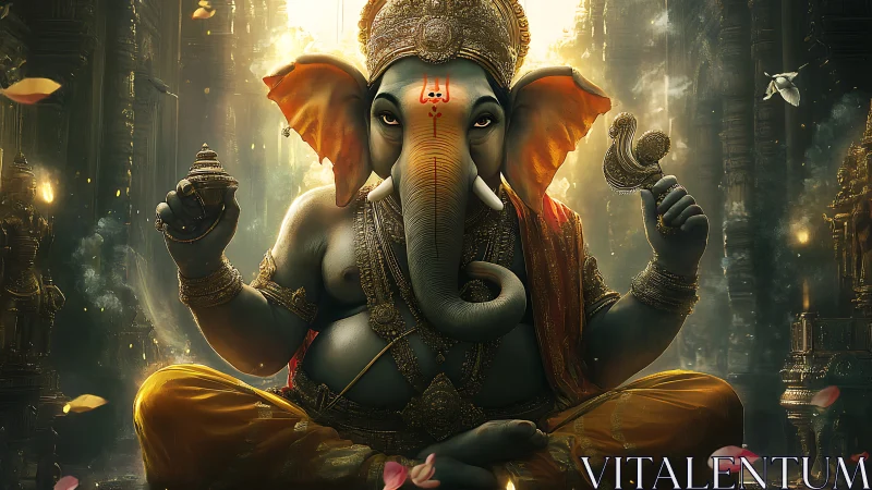 Digital rendering depicts seated Ganesha figure in temple setting