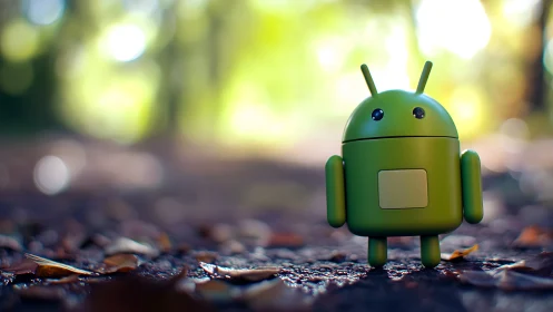 Little green android strolls through dreamy forest bokeh