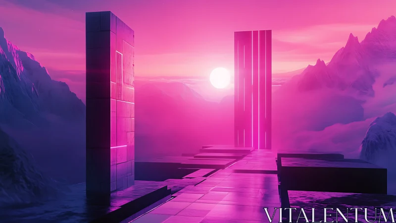 Neon Canyon Sunset with Glowing Architecture.